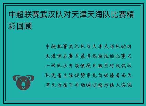 中超联赛武汉队对天津天海队比赛精彩回顾