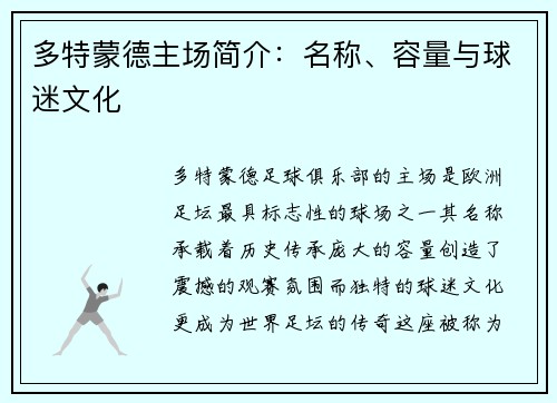 多特蒙德主场简介：名称、容量与球迷文化