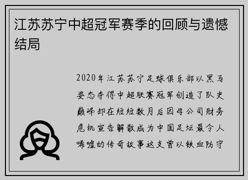 江苏苏宁中超冠军赛季的回顾与遗憾结局